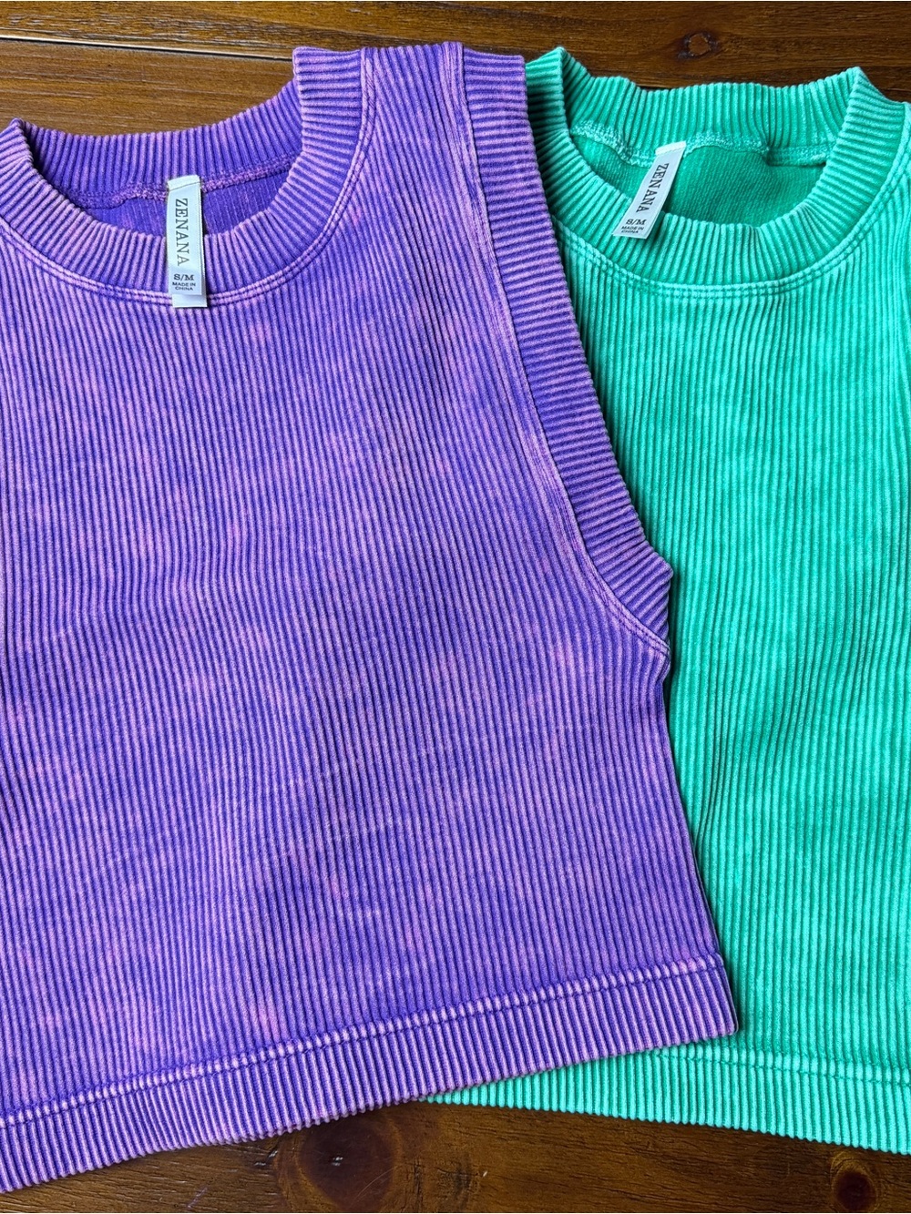 Zenana Ribbed Crop Tank Top Set Purple Green Sleeveless Stretch Size S /m